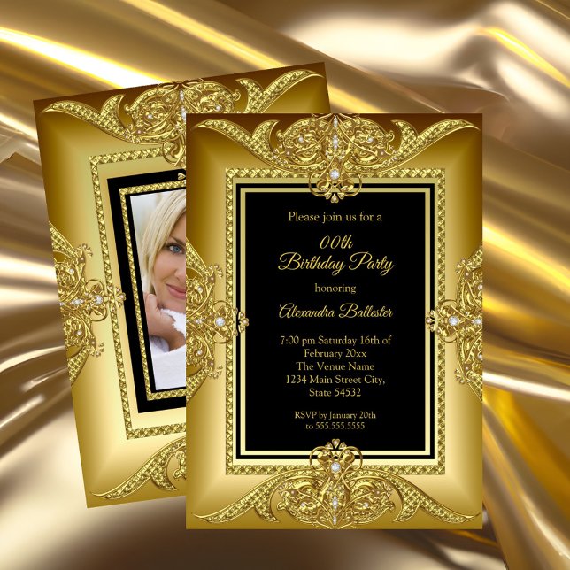 Elegant Birthday Photo Black Gold Golden Frame Invitation (Creator Uploaded)