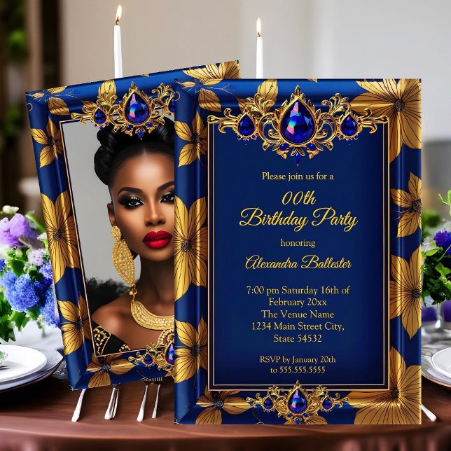 Elegant Birthday Photo Blue Gold Jewels Damask Invitation (Creator Uploaded)