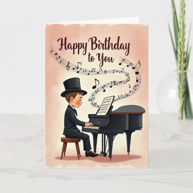 Elegant Birthday Piano Boy Card (Front)