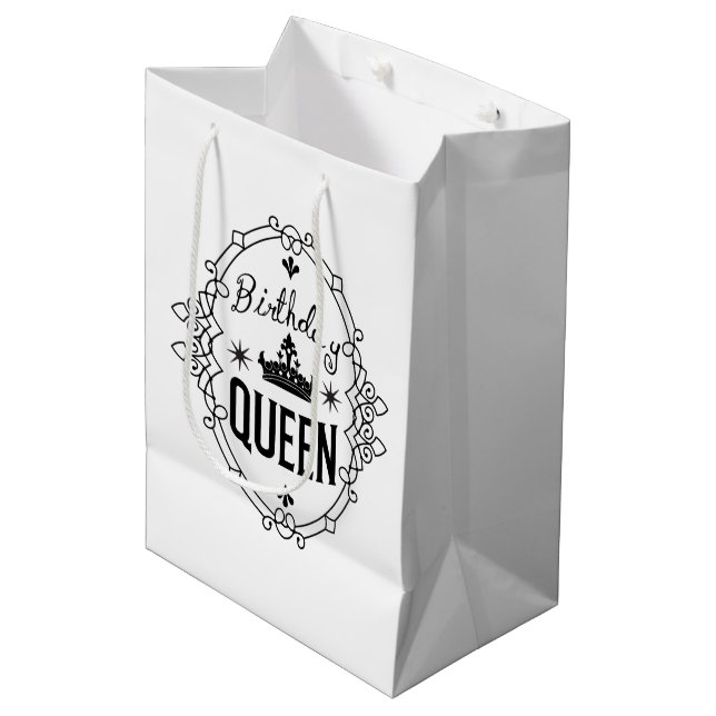 Elegant Birthday Queen Crown Typography White Medium Gift Bag (Front Angled)