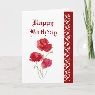 Elegant  Birthday, Red Poppies, Garden Flowers Card