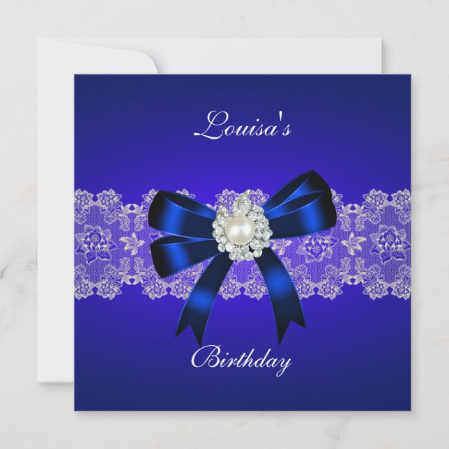Elegant Birthday Royal Blue Pearl White Lace Invitation (Front)