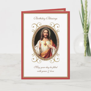 Elegant Birthday Sacred Heart  Jesus Vintage Card