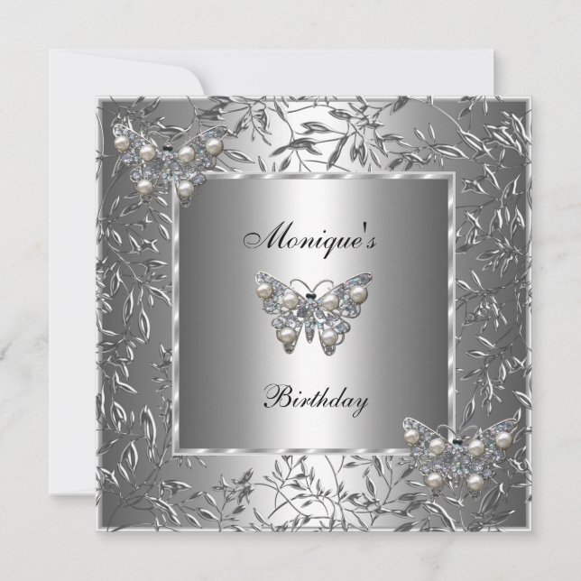 Elegant Birthday Silver Floral Butterfly Jewel 2a Invitation (Front)