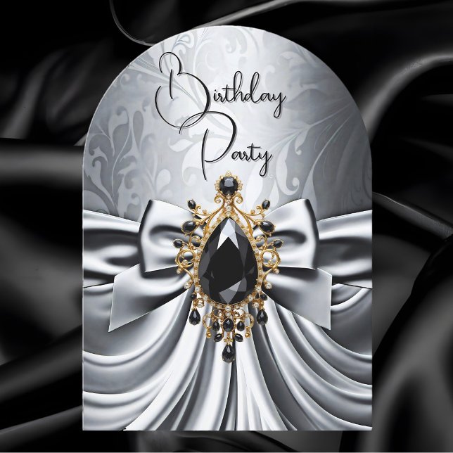 Elegant Birthday Silver Grey Gold Black Jewel Bow Invitation (Creator Uploaded)