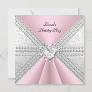Elegant Birthday Silver Pink Diamond Heart Invitation