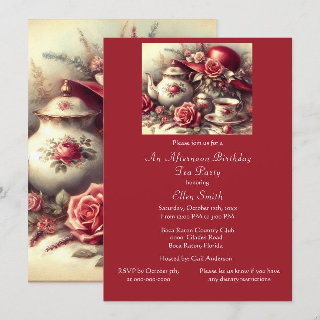 Elegant  Birthday Tea Party Red Rose  Invitation (Front/Back)