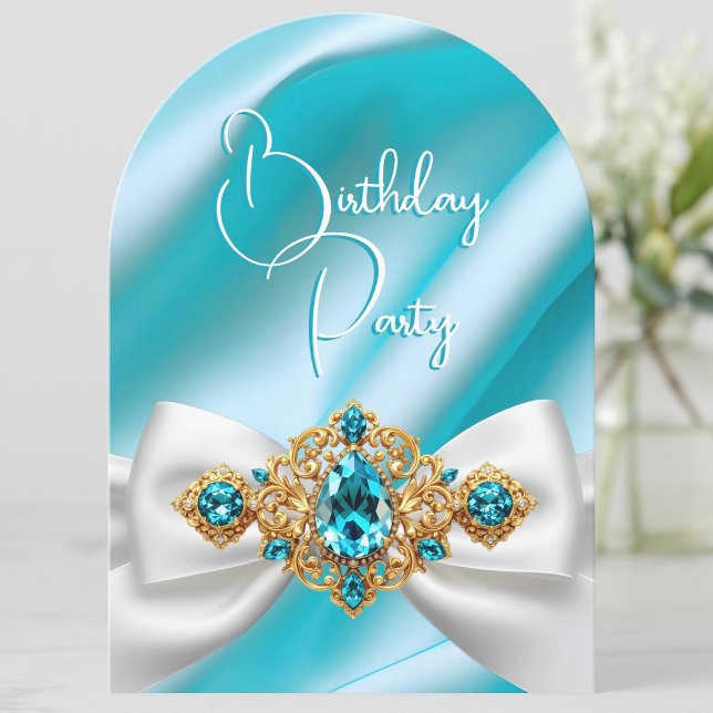 Elegant Birthday Teal Blue Gold Jewel Bow Invitation (Creator Uploaded)