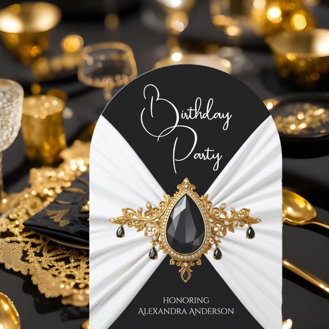 Elegant Birthday White Black Gold Jewel Silk Invitation (Creator Uploaded)