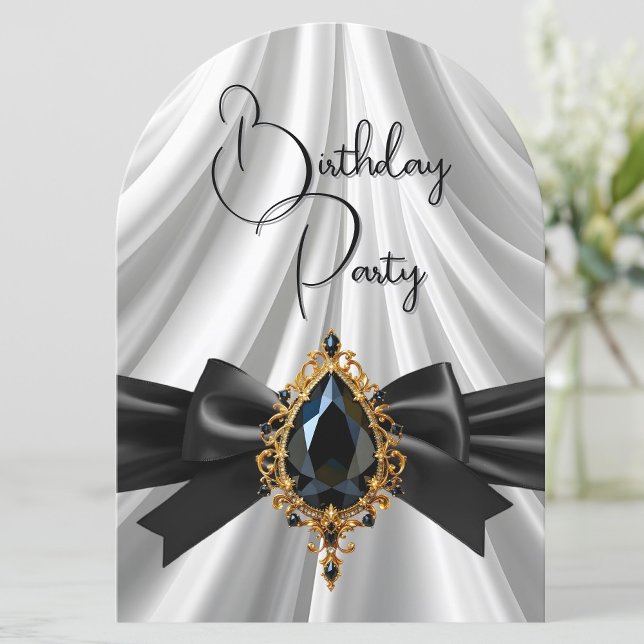 Elegant Birthday White Gold Black Jewel Bow Invitation (Creator Uploaded)