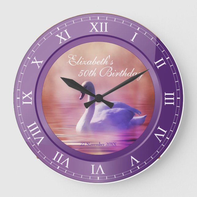 Elegant Birthday White Swan Purple Amethyst Photo Large Clock (Front)