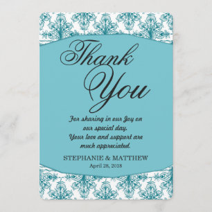 Elegant Biscay Bay Blue & White Damask Pattern Thank You Card