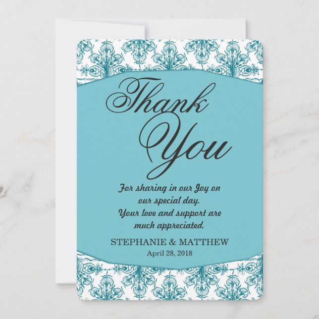 Elegant Biscay Bay Blue & White Damask Pattern Thank You Card (Front)