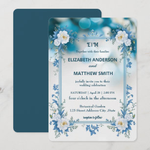 Elegant Biue & White Overlay Flowers wedding Invitation