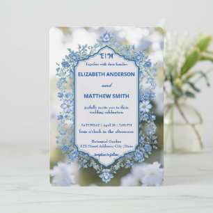 Elegant Biue & White Overlay Flowers wedding Invitation