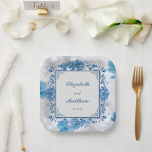 Elegant Biue & White Overlay Flowers wedding Paper Plate