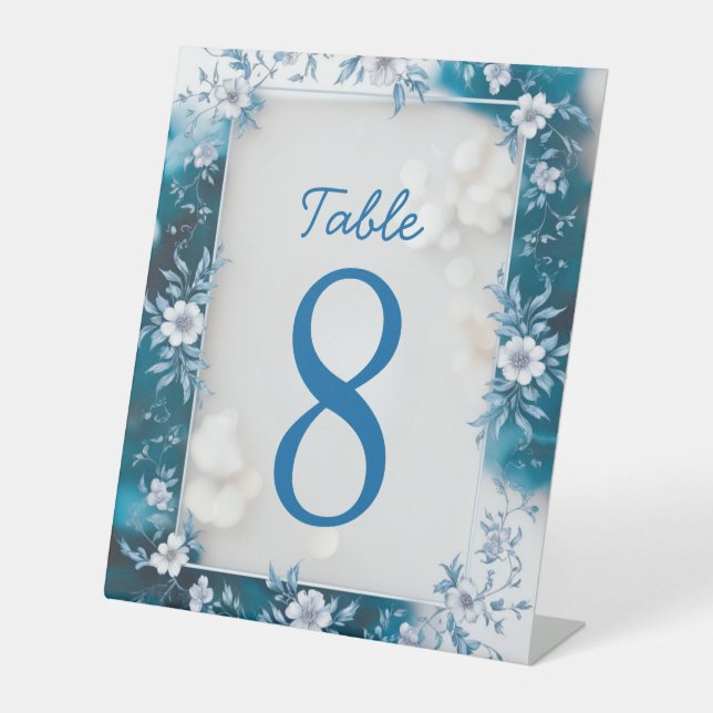 Elegant Biue & White Overlay Flowers wedding Pedestal Sign (Front)