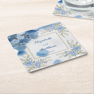 Elegant Biue & White Overlay Flowers wedding Square Paper Coaster