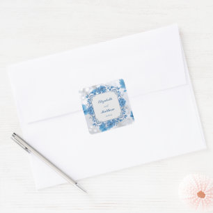 Elegant Biue & White Overlay Flowers wedding Square Sticker