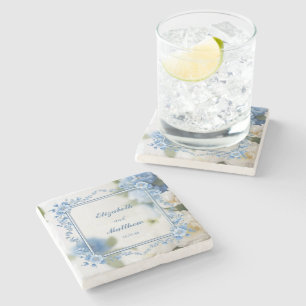 Elegant Biue & White Overlay Flowers wedding Stone Coaster