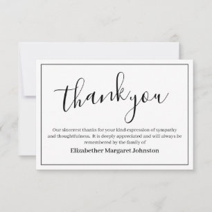 Elegant Blac Script  Funeral Thank You Bereavement Card
