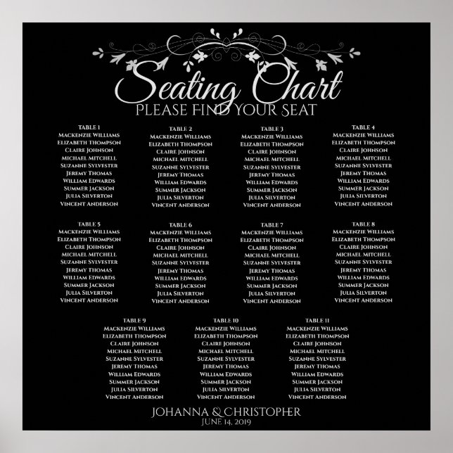Elegant Black 11 Table Wedding Seating Chart (Front)