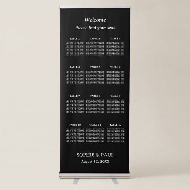 Elegant Black 12 Table Wedding Seating Chart Retractable Banner (Front)
