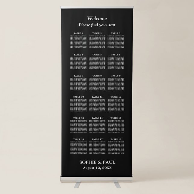 Elegant Black 18 Table Wedding Seating Chart Retractable Banner (Front)