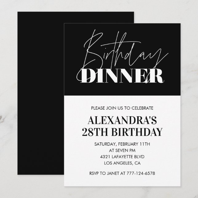 Elegant Black 28th birthday invitations Dinner  (Front/Back)