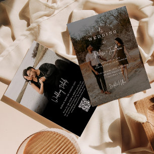 Elegant Black 2 Photo Script QR Code Wedding Invitation