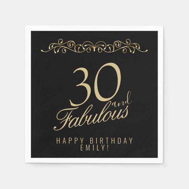 Elegant Black 30 and Fabulous 30th Birthday Napkin (Front)