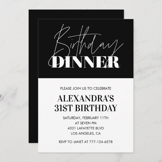 Elegant Black 31st birthday invitations Dinner  (Front/Back)