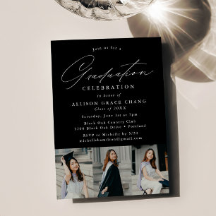 Elegant Black 3 Photo Graduation Party Invitation