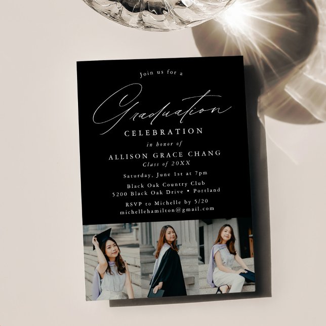 Elegant Black 3 Photo Graduation Party Invitation (Creator Uploaded)
