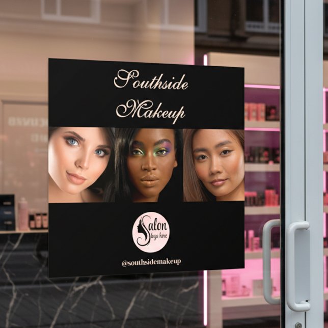 Elegant Black 3 Photo Square Makeup Business  Window Cling (Creator Uploaded)