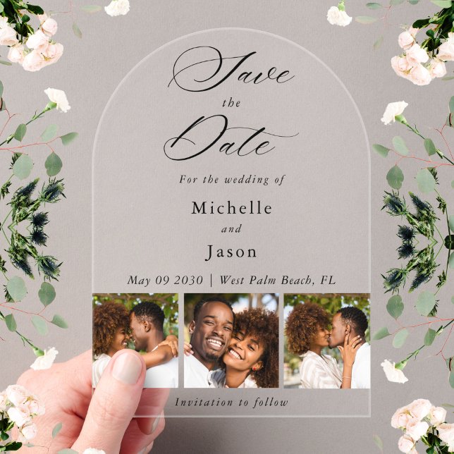 Elegant Black 3 Photo Strip Wedding Save the Date Acrylic Invitations (Creator Uploaded)