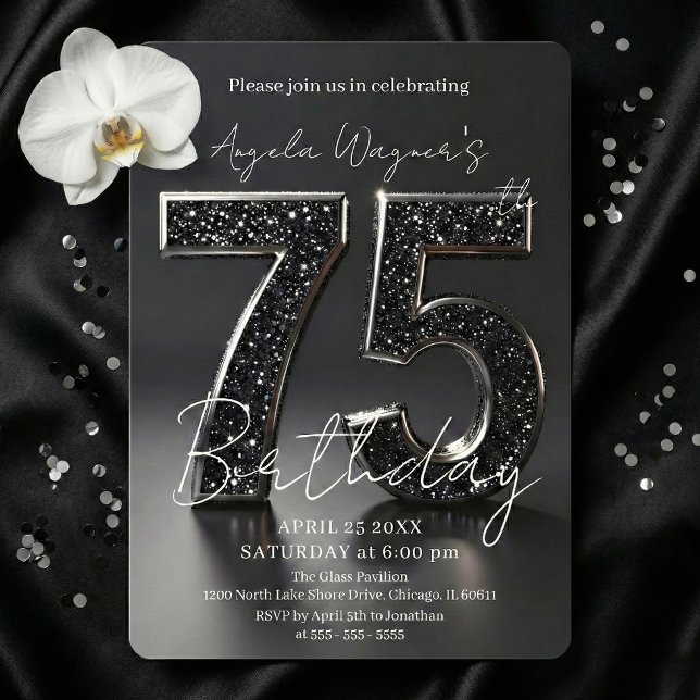 Elegant Black 3D Glitter Sparkle 75th Birthday Invitation (Creator Uploaded)