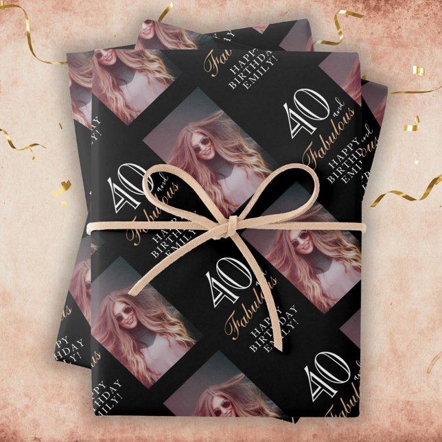 Elegant Black 40 and Fabulous 40th Birthday Photo Wrapping Paper Sheet (Creator Uploaded)