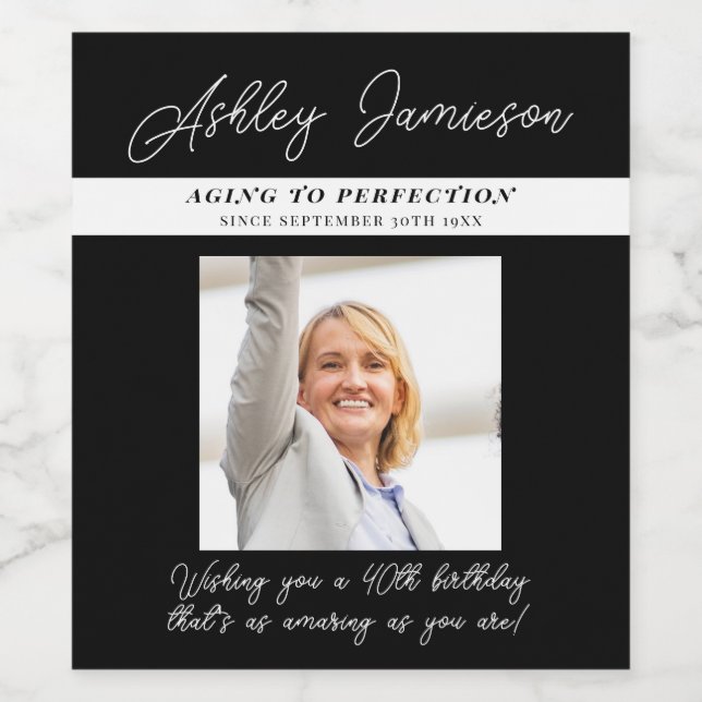 Elegant Black 40 Birthday Aged to Perfection Photo Wine Label (Single Label)