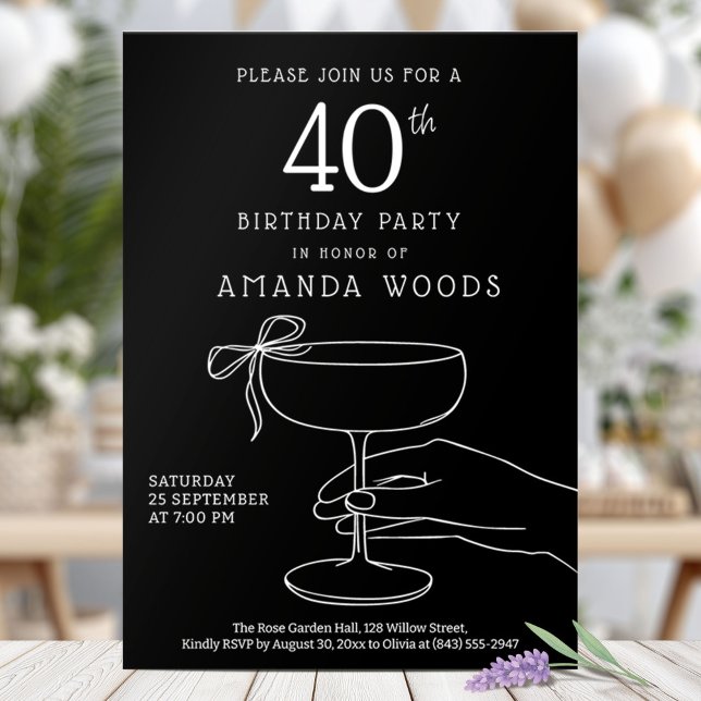 Elegant black 40th birthday with champagne glass invitation (Creator Uploaded)