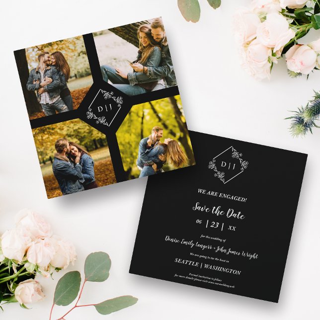Elegant Black 4 Photos Engagement Couple Session Save The Date (Creator Uploaded)