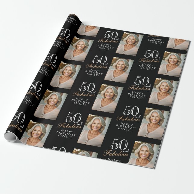 Elegant Black 50 and Fabulous 50th Birthday Photo Wrapping Paper (Unrolled)