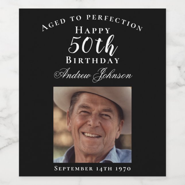Elegant Black 50 Birthday Aged to Perfection Photo Wine Label (Single Label)