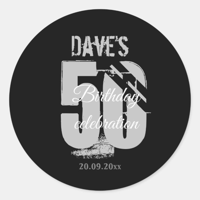 Elegant Black 50th Any Age Birthday Classic Round Sticker (Front)