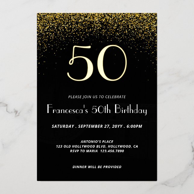 Elegant Black 50th Birthday Foil Invitation (Front)
