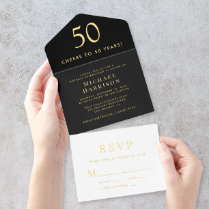 Elegant Black 50th Birthday Party All In One Invitation