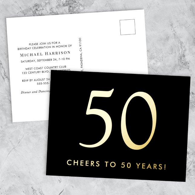 Elegant Black 50th Birthday Party Gold Foil Invitation Postcard (Creator Uploaded)