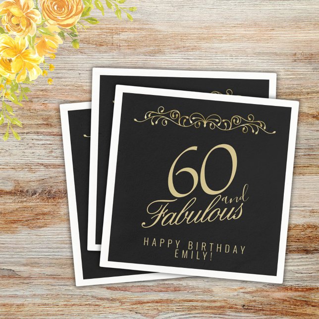 Elegant Black 60 and Fabulous 60th Birthday Napkin (Creator Uploaded)