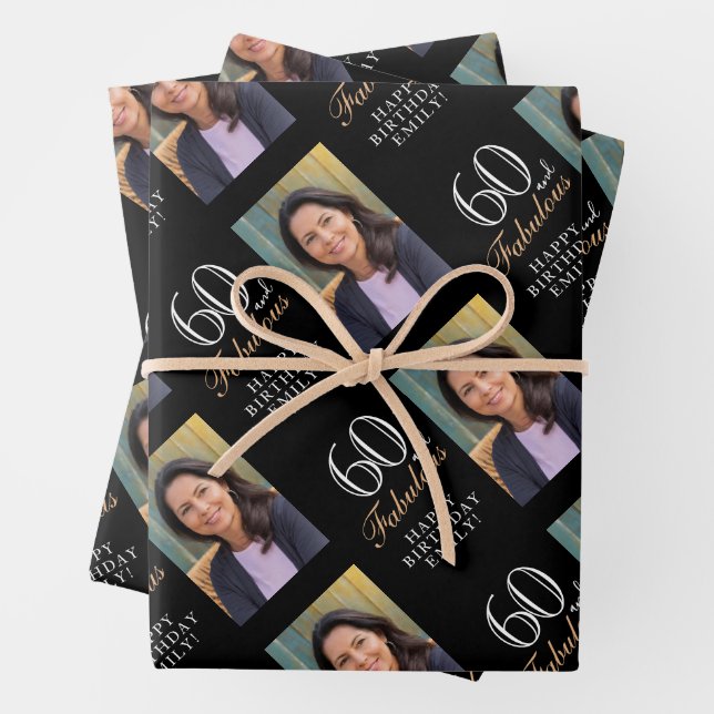 Elegant Black 60 and Fabulous 60th Birthday Photo Wrapping Paper Sheet (In situ)