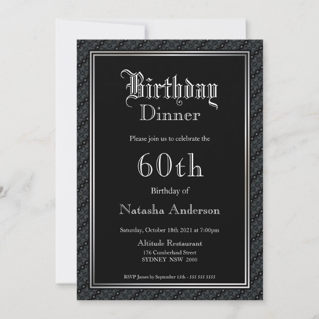 Elegant Black 60th Birthday Dinner Invitation (Front)